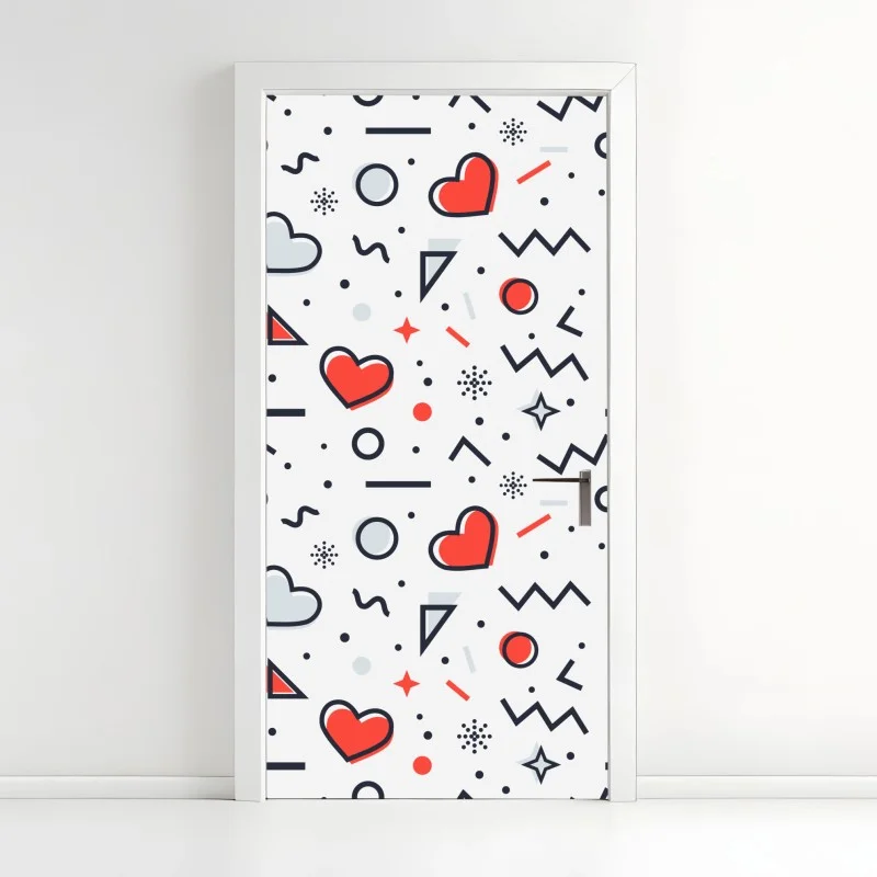 Adesivo per porta motivo romantico a cuori e forme geometriche