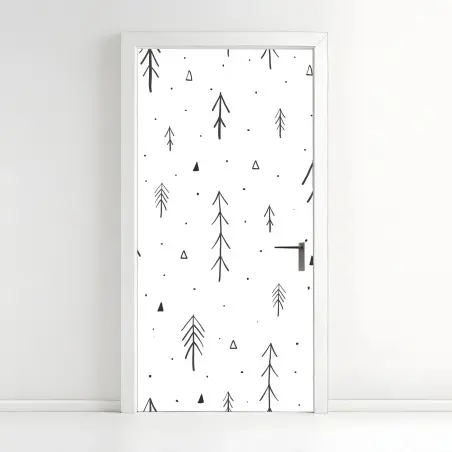 Adesivo per porta motivo bosco stilizzato in bianco e nero • Wallissimo®