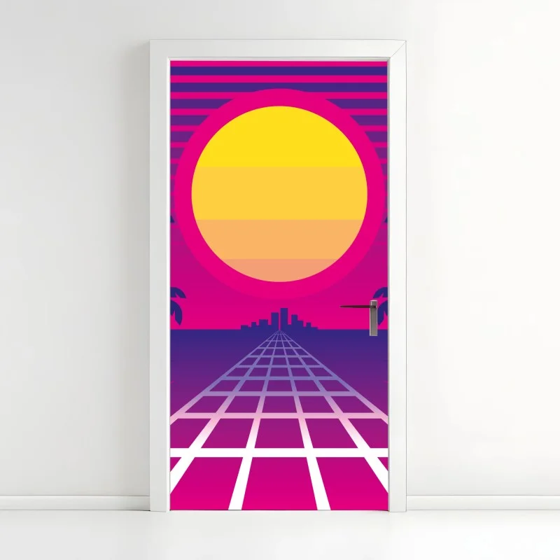 Adesivo per porta tramonto synthwave al neon