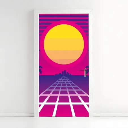 Adesivo per porta tramonto synthwave al neon • Wallissimo®