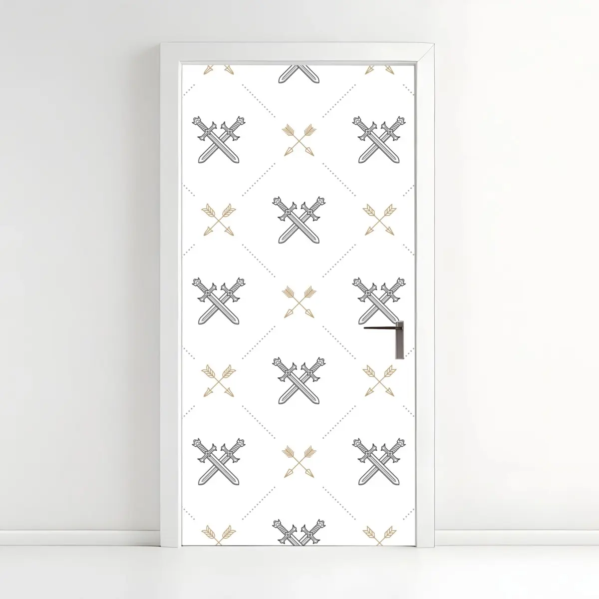 Adesivo per porta motivo araldico geometrico con spade e frecce • Wallissimo®