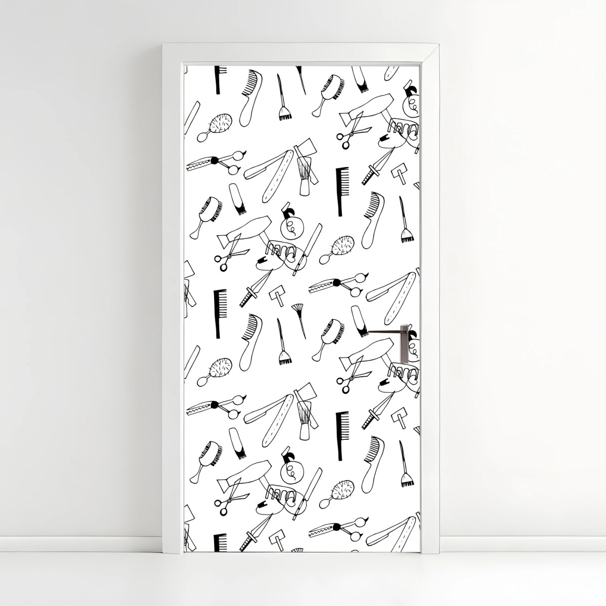 Adesivo per porta motivo strumenti da parrucchiere in bianco e nero • Wallissimo®
