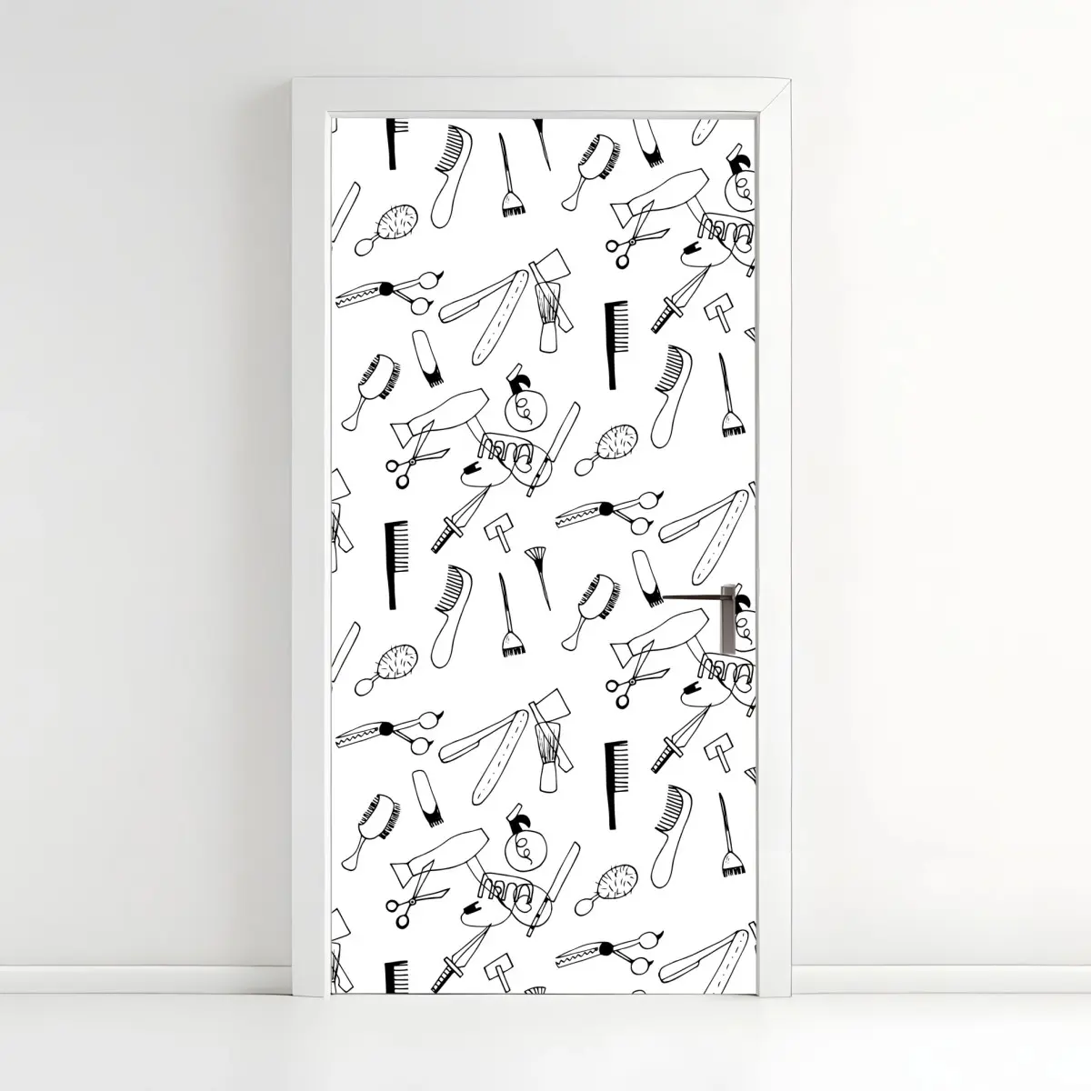 Adesivo per porta motivo strumenti da parrucchiere in bianco e nero • Wallissimo®