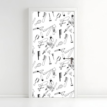 Adesivo per porta motivo strumenti da parrucchiere in bianco e nero • Wallissimo®