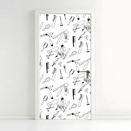 Adesivo per porta motivo strumenti da parrucchiere in bianco e nero • Wallissimo®