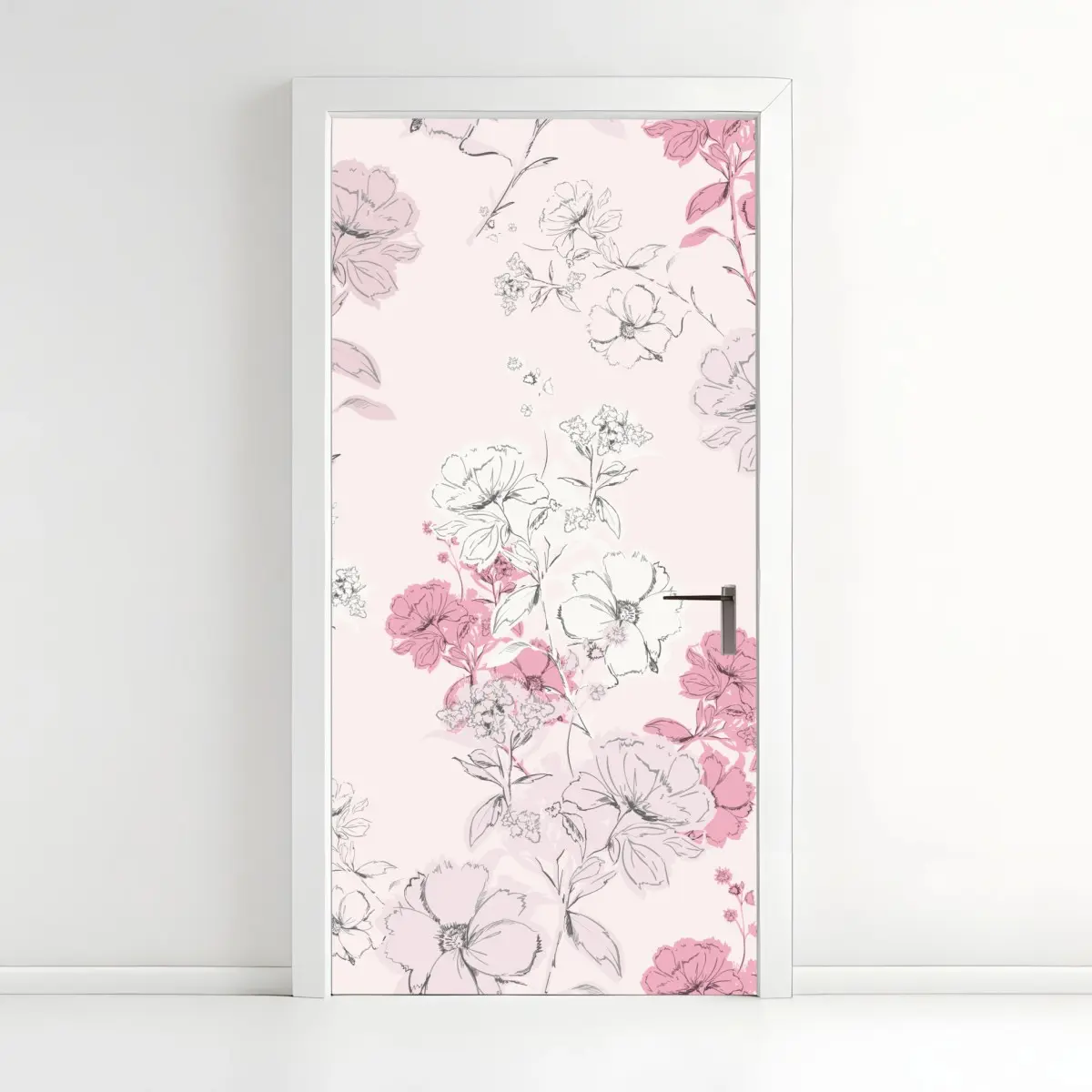 Adesivo per porta fiori romantici su sfondo rosa • Wallissimo®
