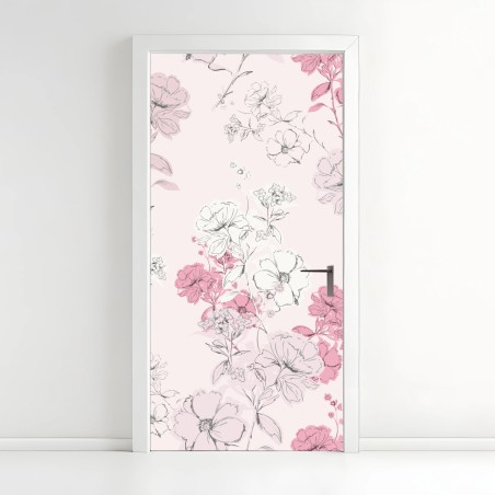 Adesivo per porta fiori romantici su sfondo rosa • Wallissimo®