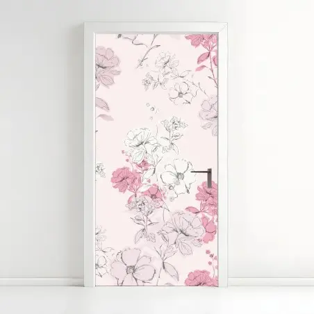 Adesivo per porta fiori romantici su sfondo rosa • Wallissimo®