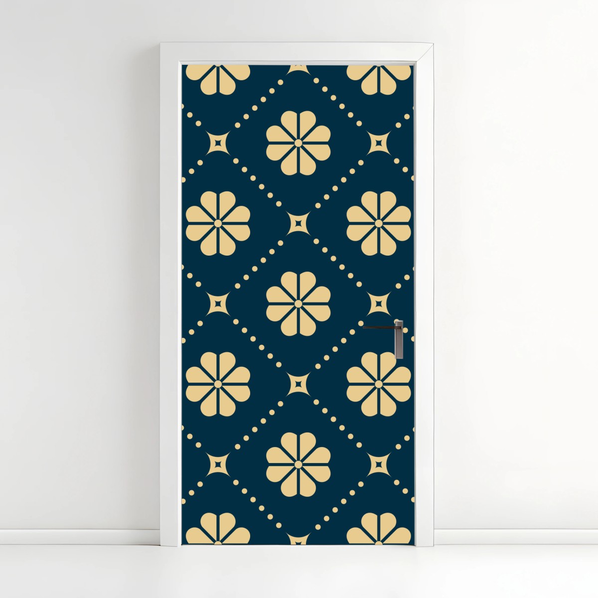 Adesivo per porta motivo floreale geometrico blu navy e beige • Wallissimo®