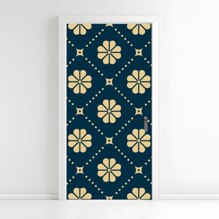 Adesivo per porta motivo floreale geometrico blu navy e beige • Wallissimo®