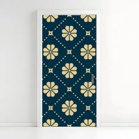 Adesivo per porta motivo floreale geometrico blu navy e beige • Wallissimo®