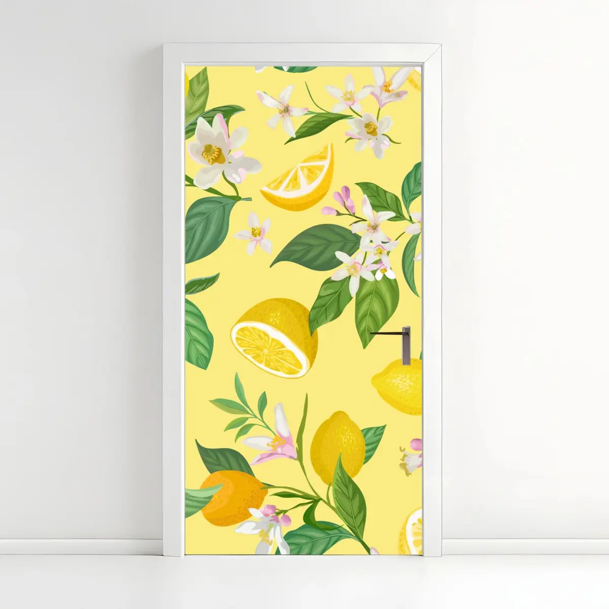 Adesivo per porta motivo limoni e fiori su sfondo giallo • Wallissimo®