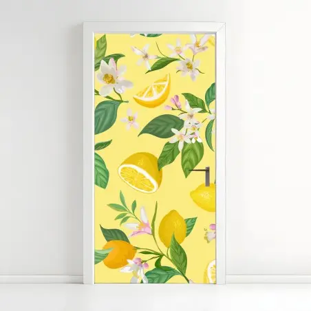 Adesivo per porta motivo limoni e fiori su sfondo giallo • Wallissimo®