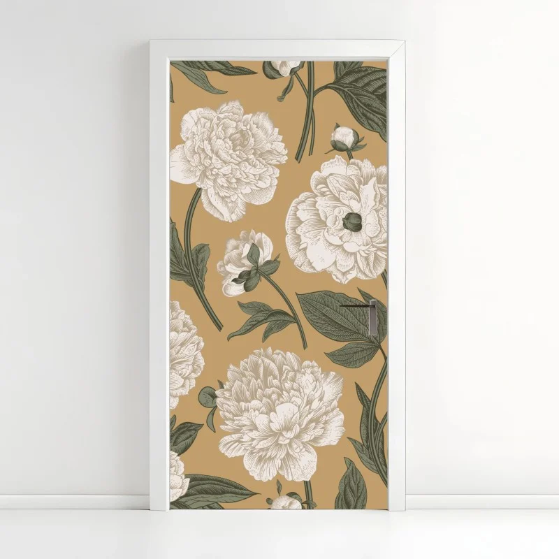 Adesivo per porta peonie ornamentali su sfondo beige