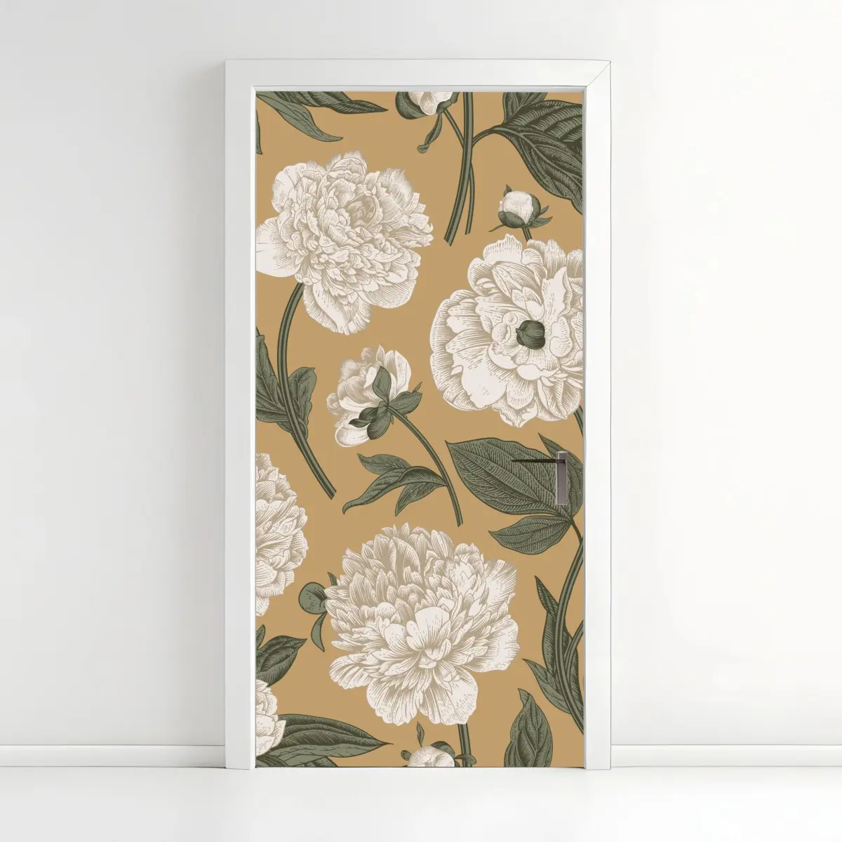 Adesivo per porta peonie ornamentali su sfondo beige • Wallissimo®