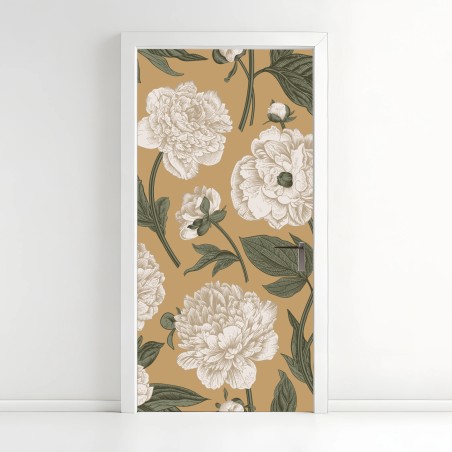 Adesivo per porta peonie ornamentali su sfondo beige • Wallissimo®
