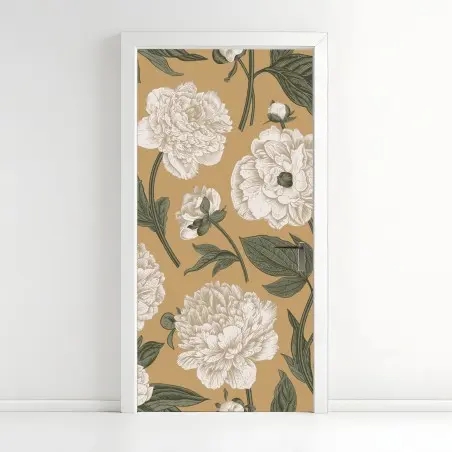 Adesivo per porta peonie ornamentali su sfondo beige • Wallissimo®