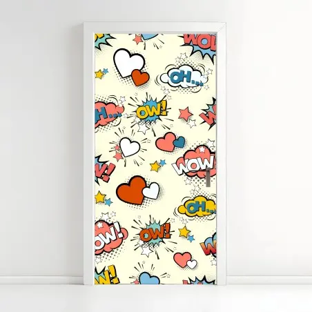 Adesivo per porta motivo pop art con fumetti e cuori • Wallissimo®