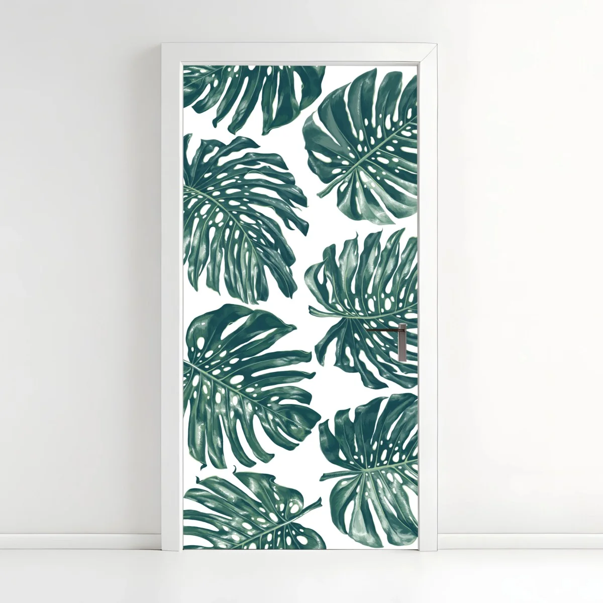 Adesivo per porta design botanico con foglie di monstera su sfondo bianco • Wallissimo® Adesivo per porta design botanico con foglie di monstera su sfondo bianco • Wallissimo®