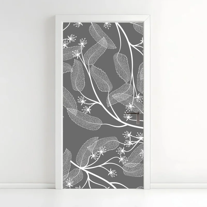 Adesivo per porta motivo botanico elegante in bianco e grigio