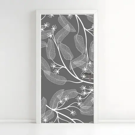 Adesivo per porta motivo botanico elegante in bianco e grigio • Wallissimo®