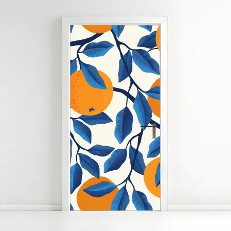 Adesivo per porta ramo di arance con foglie blu • Wallissimo®