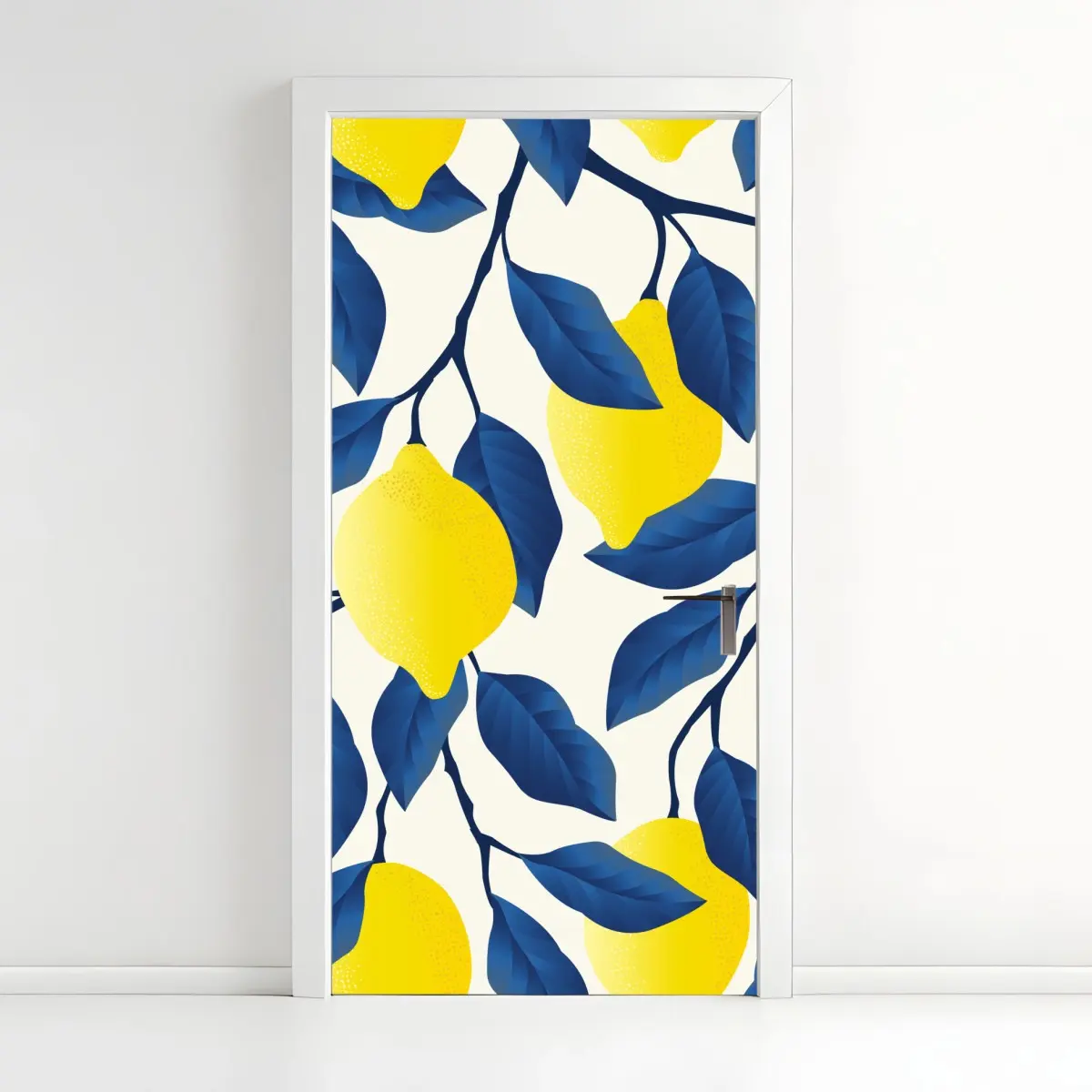 Adesivo per porta motivo limoni e foglie blu per decorare • Wallissimo®