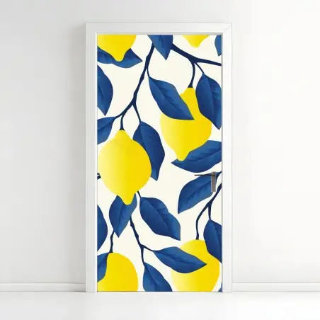 Adesivo per porta motivo limoni e foglie blu per decorare • Wallissimo®