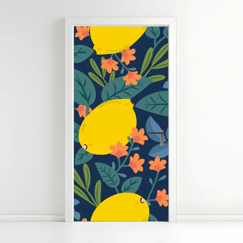 Adesivo per porta motivo limoni e foglie su sfondo blu scuro