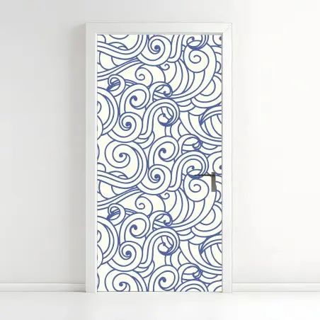 Adesivo per porta onde stilizzate blu su sfondo crema • Wallissimo®