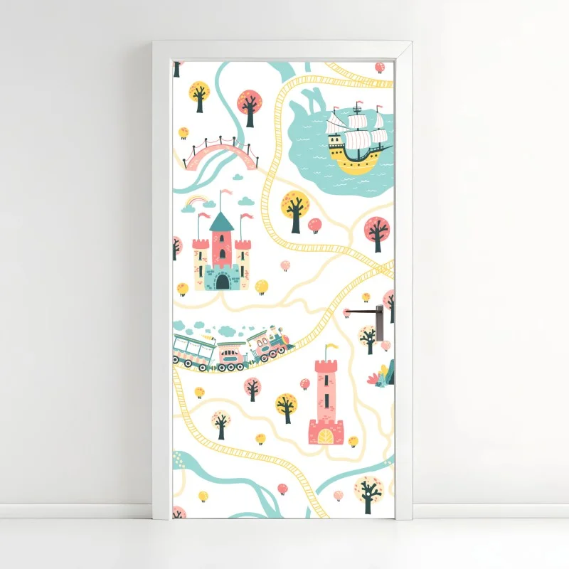 Adesivo per porta mappa del regno incantato in stile pastello