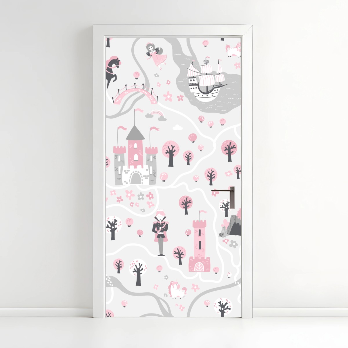 Adesivo per porta mappa del regno fiabesco in rosa e grigio • Wallissimo®