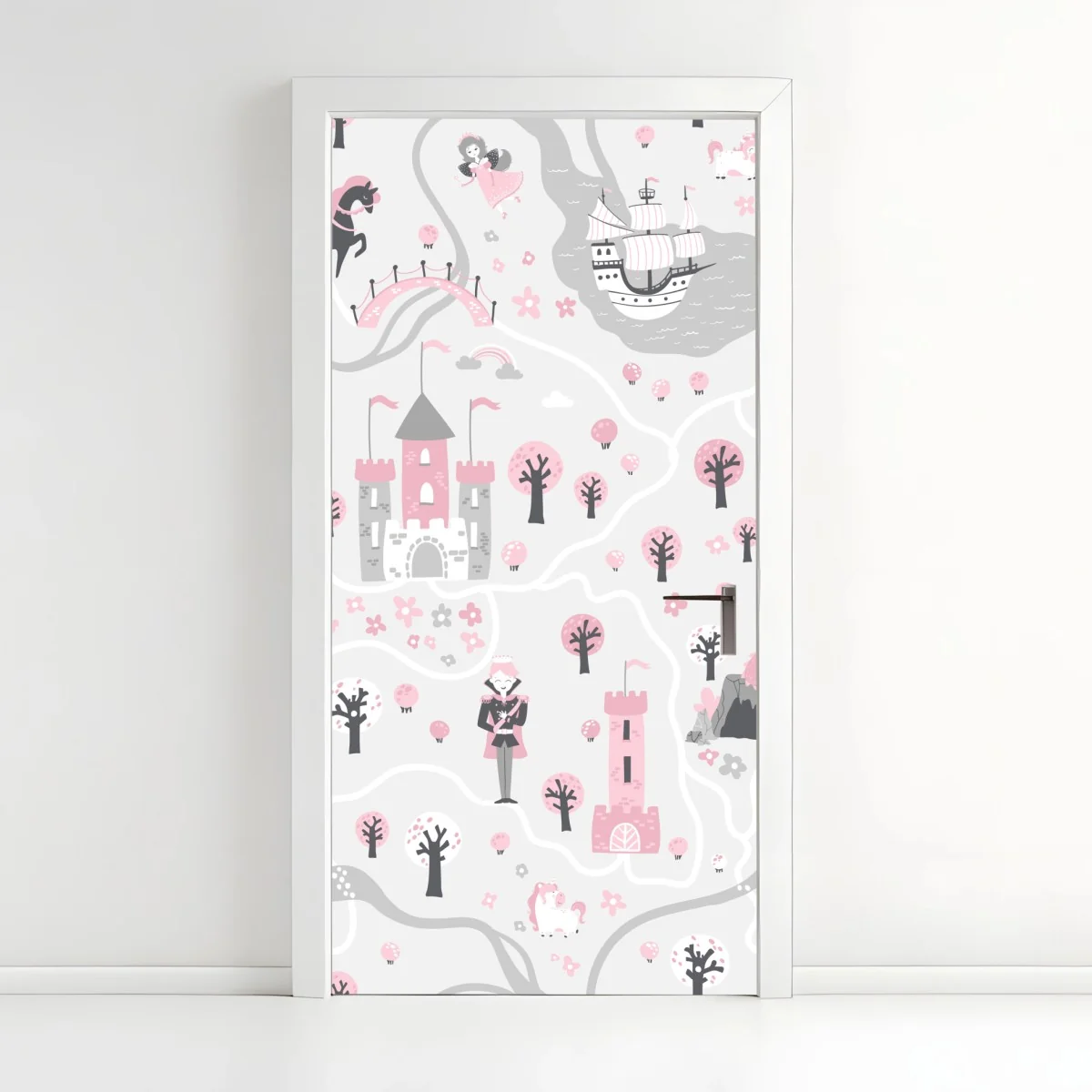 Adesivo per porta mappa del regno fiabesco in rosa e grigio • Wallissimo® Adesivo per porta mappa del regno fiabesco in rosa e grigio • Wallissimo®