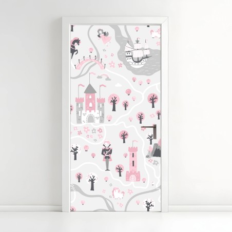 Adesivo per porta mappa del regno fiabesco in rosa e grigio • Wallissimo®