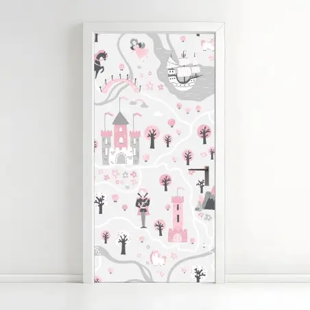 Adesivo per porta mappa del regno fiabesco in rosa e grigio • Wallissimo®