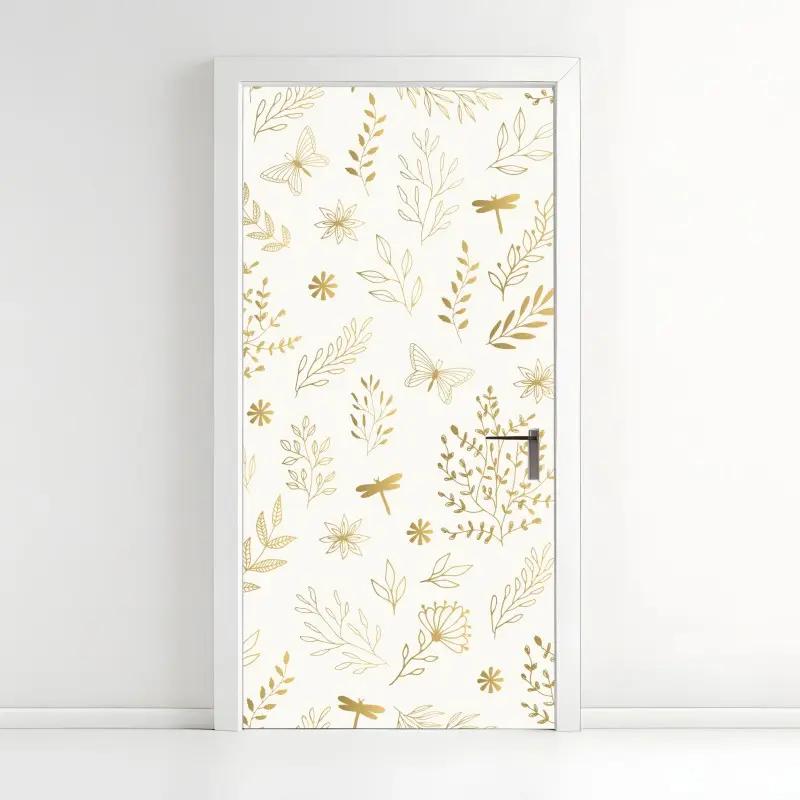 Adesivo per porta motivo botanico dorato su fondo crema