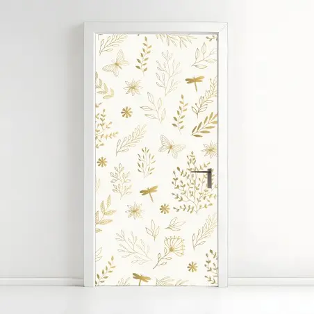 Adesivo per porta motivo botanico dorato su fondo crema • Wallissimo®