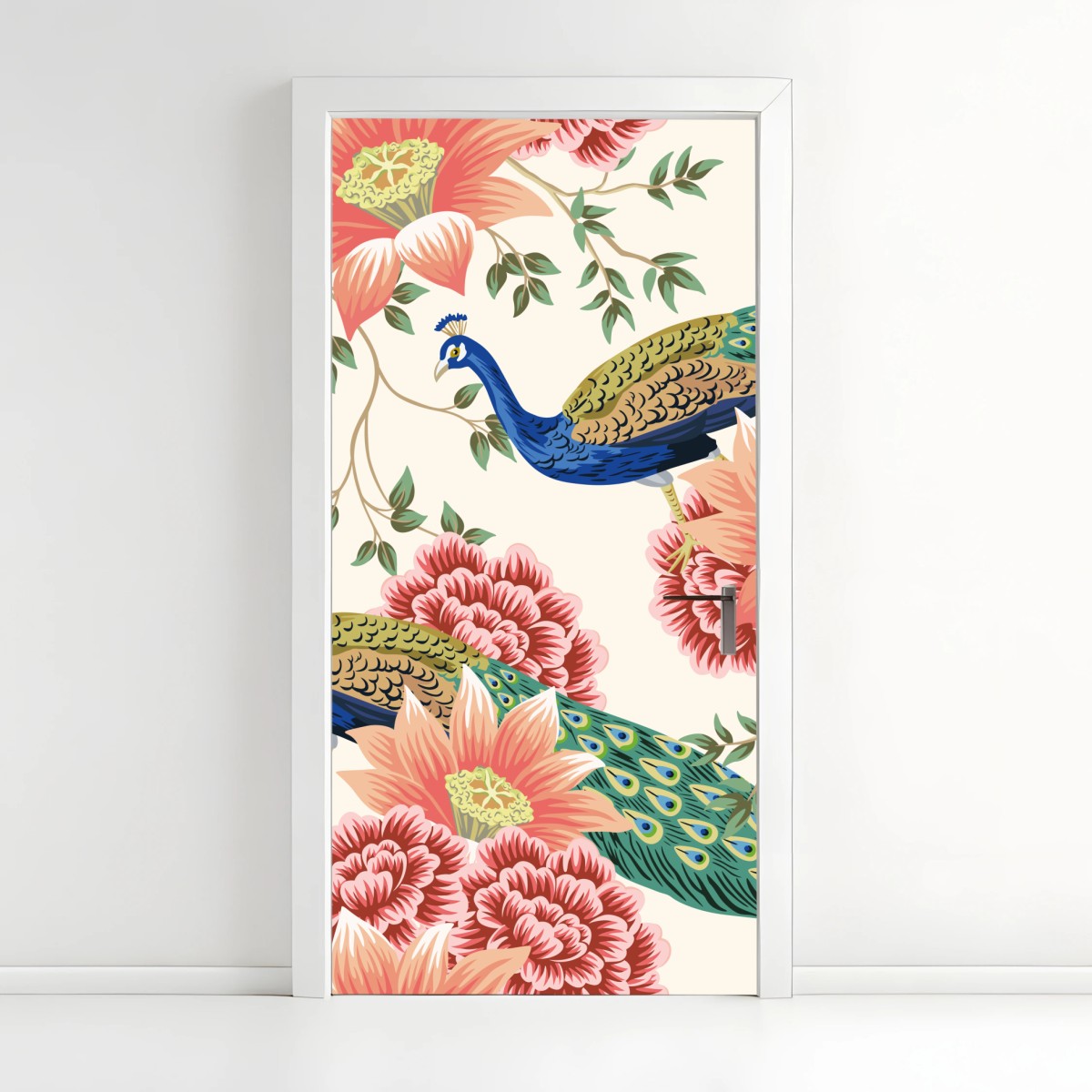 Adesivo per porta pavoni e fiori in stile botanico • Wallissimo®