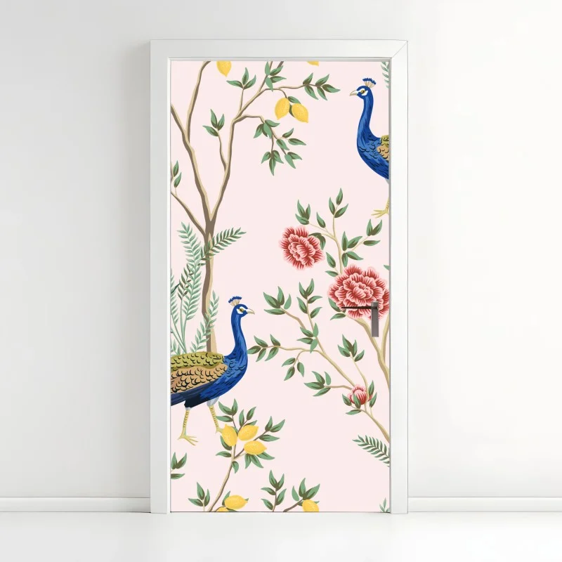 Adesivo per porta pavoni nel giardino fiorito