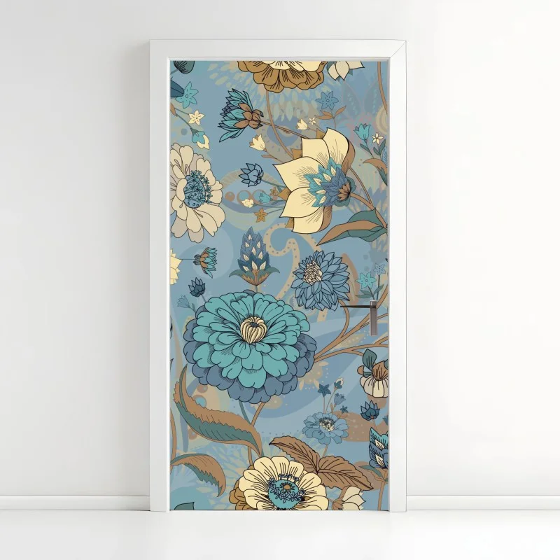 Adesivo per porta motivo floreale vintage in tonalità blu e turchese