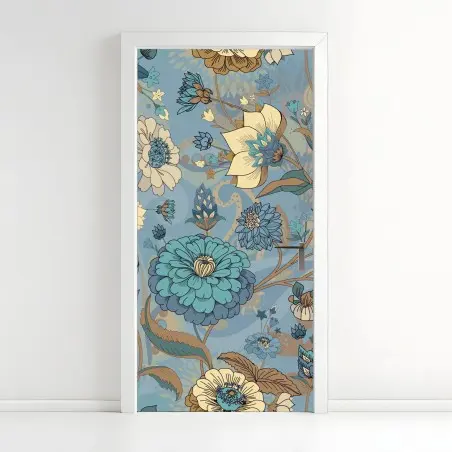 Adesivo per porta motivo floreale vintage in tonalità blu e turchese • Wallissimo®