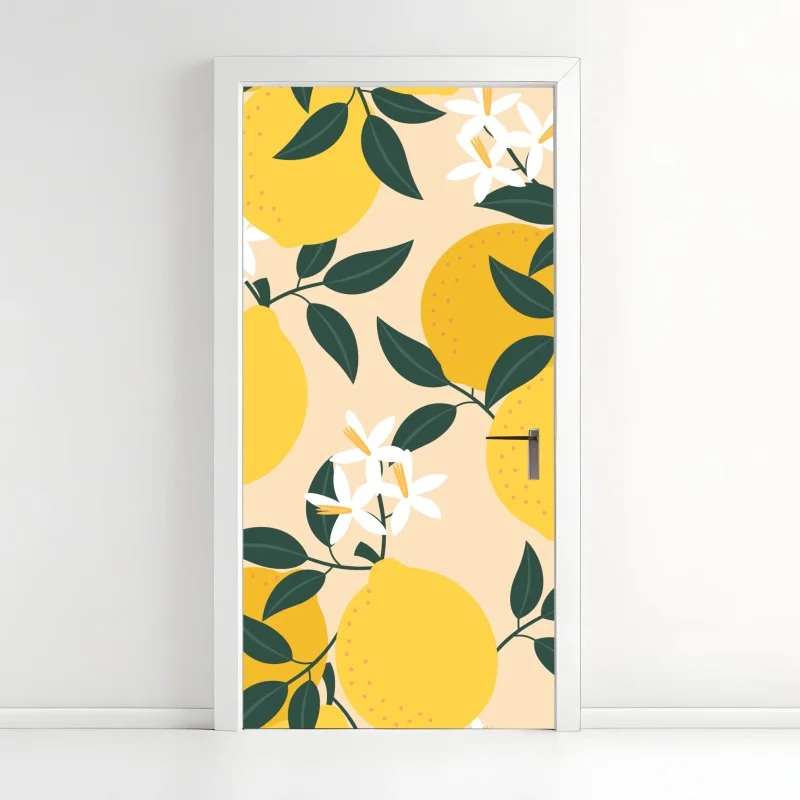 Adesivo per porta motivo di limoni e fiori su sfondo beige