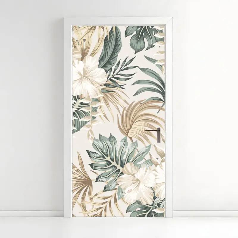 Adesivo per porta motivo tropicale elegante con fiori e foglie