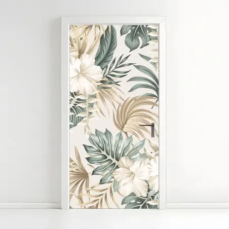 Adesivo per porta motivo tropicale elegante con fiori e foglie • Wallissimo®