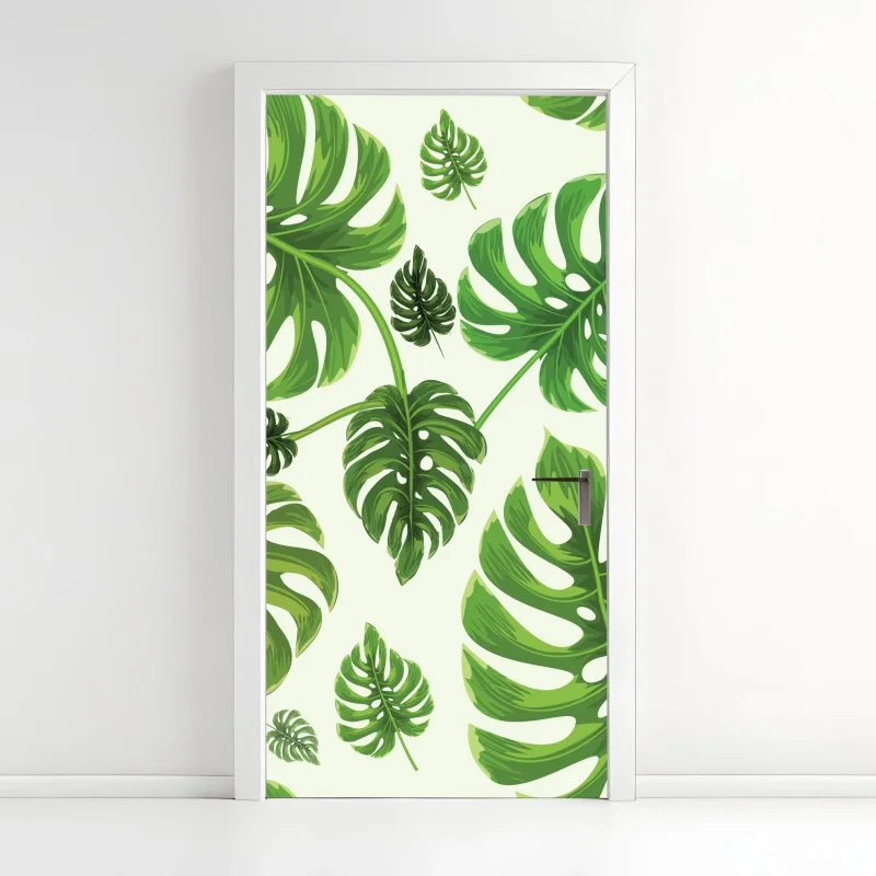 Adesivo per porta motivo tropicale con foglie di monstera