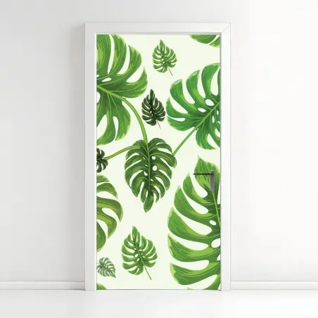 Adesivo per porta motivo tropicale con foglie di monstera • Wallissimo®