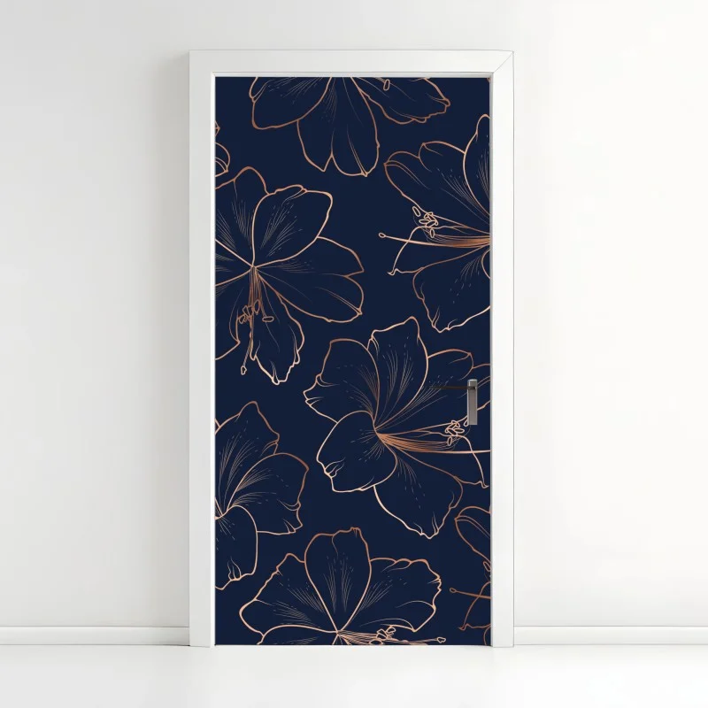 Adesivo per porta motivo floreale oro rosa su blu notte