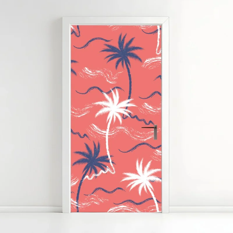 Adesivo per porta motivo tropicale di palme su sfondo corallo