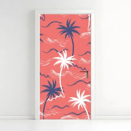 Adesivo per porta motivo tropicale di palme su sfondo corallo • Wallissimo®