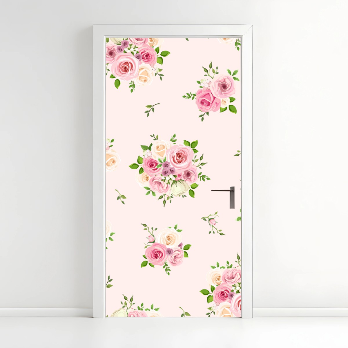 Adesivo per porta bouquet di rose pastello su sfondo rosa • Wallissimo®